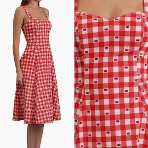 Avec Les Filles Dress Sz 12 Red Gingham Cherries Sweetheart Midi Fit & Flare